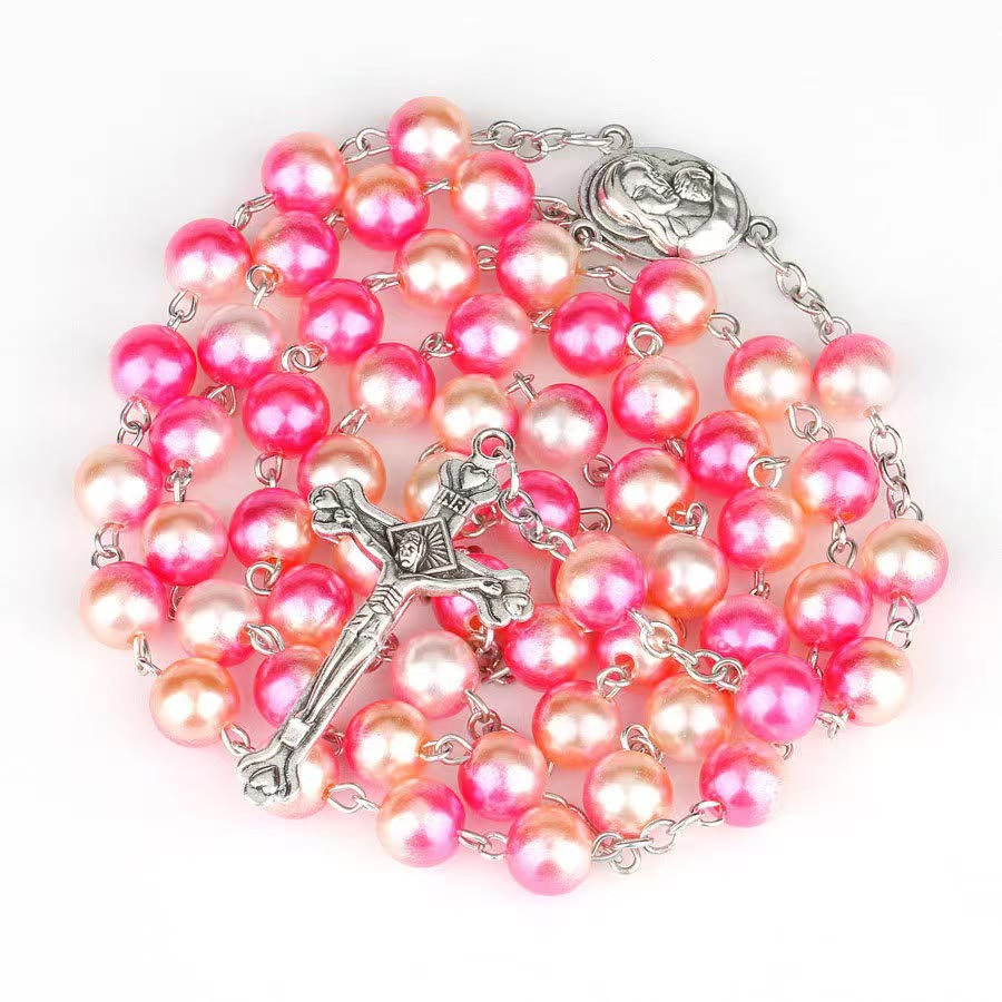 Christianartworkshop Two-color Plastic Crucifix Rosary - Orange&Pink - image 1