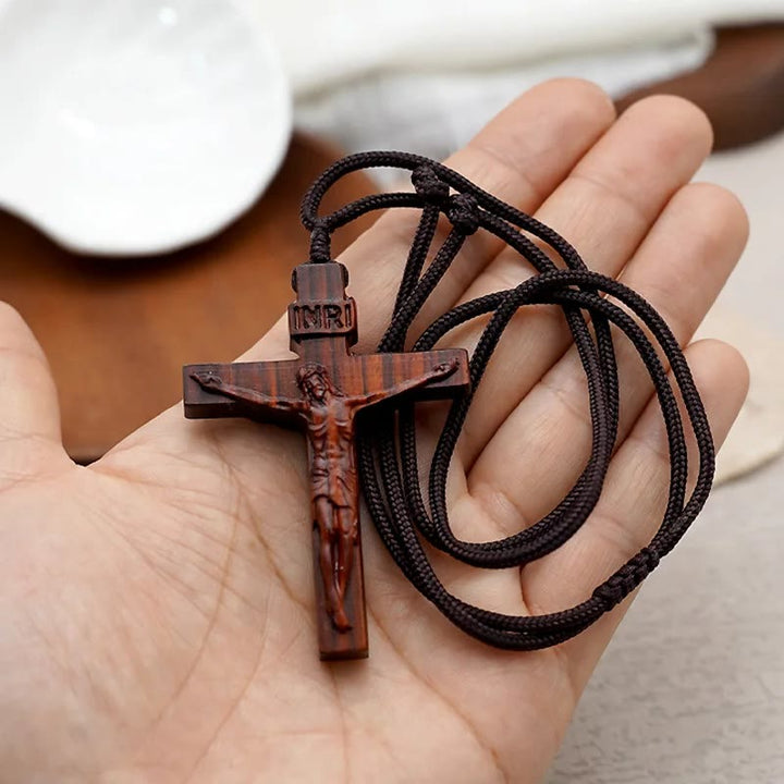 Christianartworkshop FAITH AS YOUR ARMOR: Jesus Crucifix Wooden Necklace