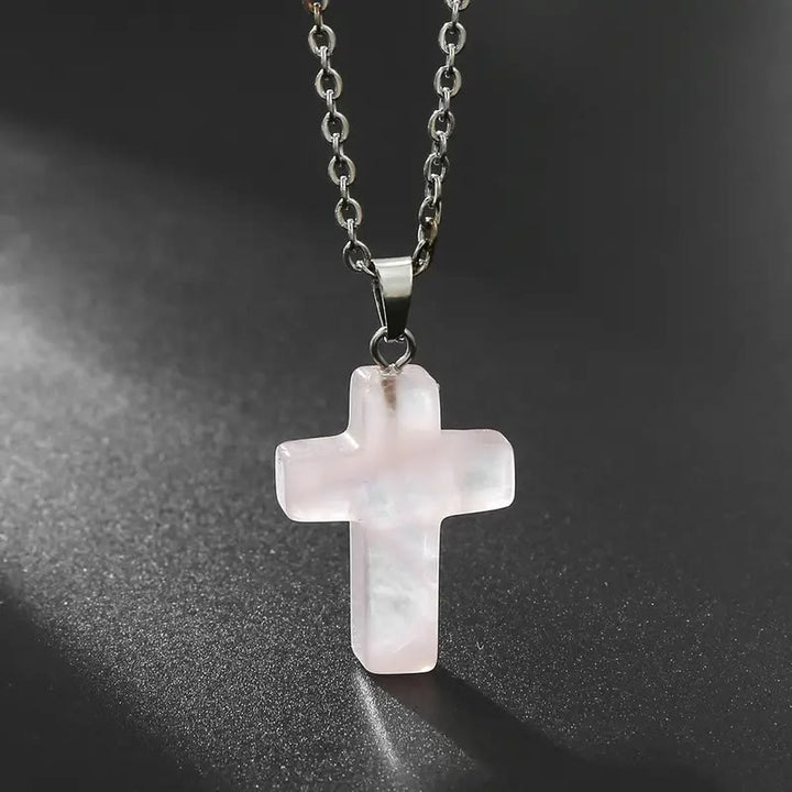 Christianartworkshop Natural Stone Cross Gemstone Pendant Necklace - Rose Quartz - image 2
