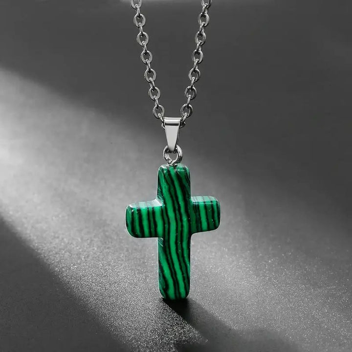Christianartworkshop Natural Stone Cross Gemstone Pendant Necklace - Malachite - image 1