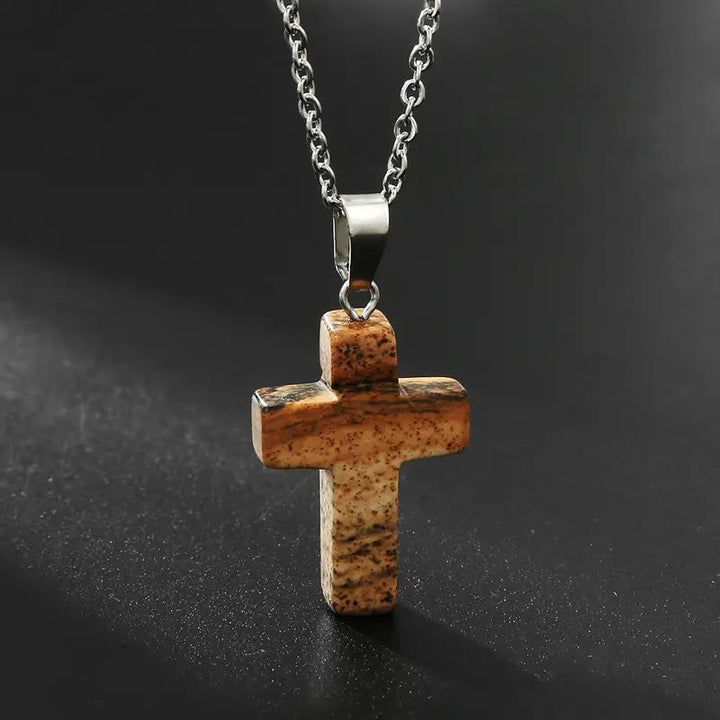 Christianartworkshop Natural Stone Cross Gemstone Pendant Necklace - Picturejade - image 3