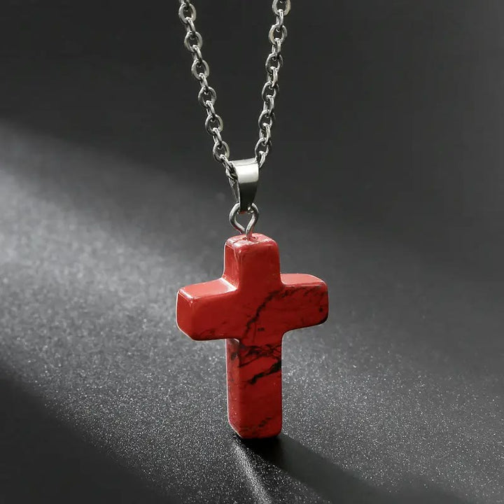 Christianartworkshop Natural Stone Cross Gemstone Pendant Necklace - Redstone - image 5