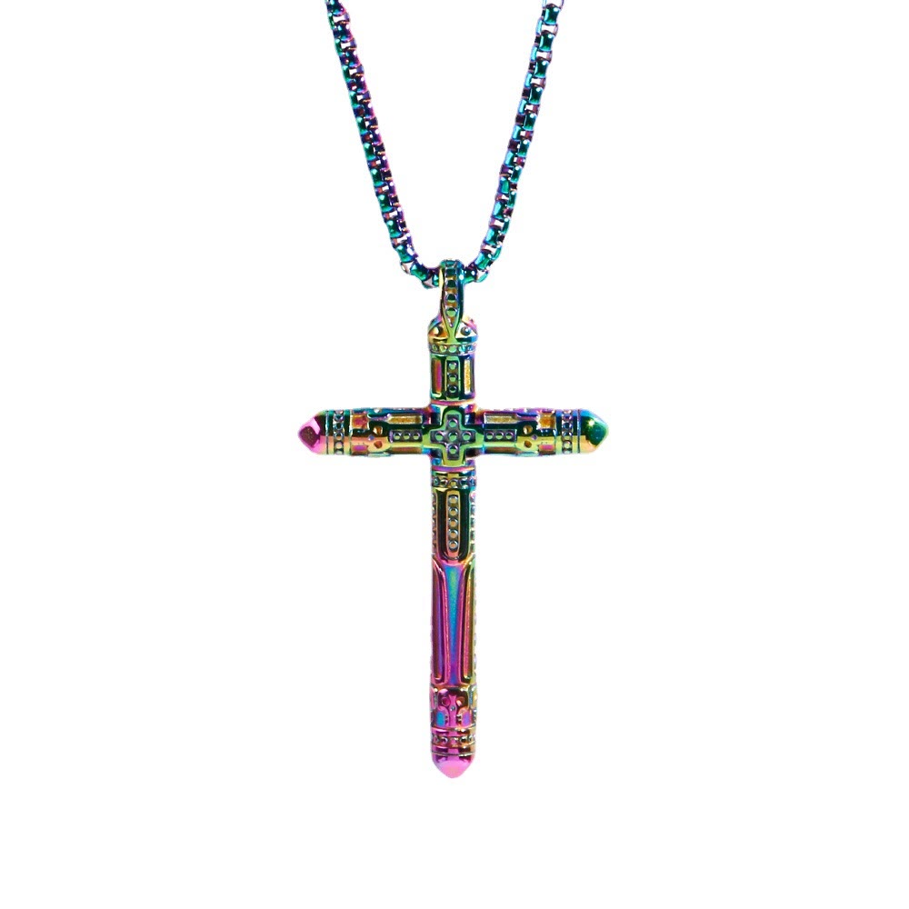 Christianartworkshop Floral Engraved Cross Colorful Pendant Necklace