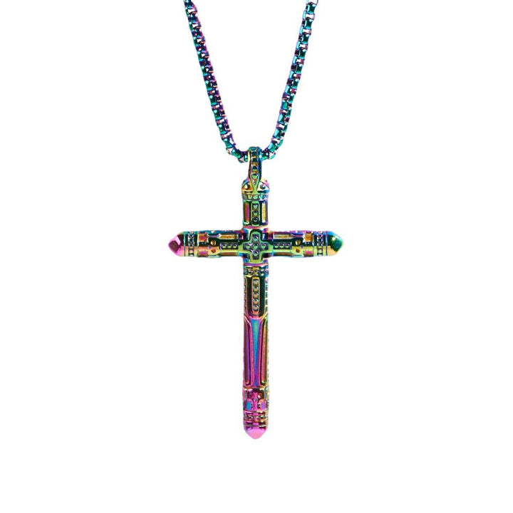 Christianartworkshop Floral Engraved Cross Colorful Pendant Necklace