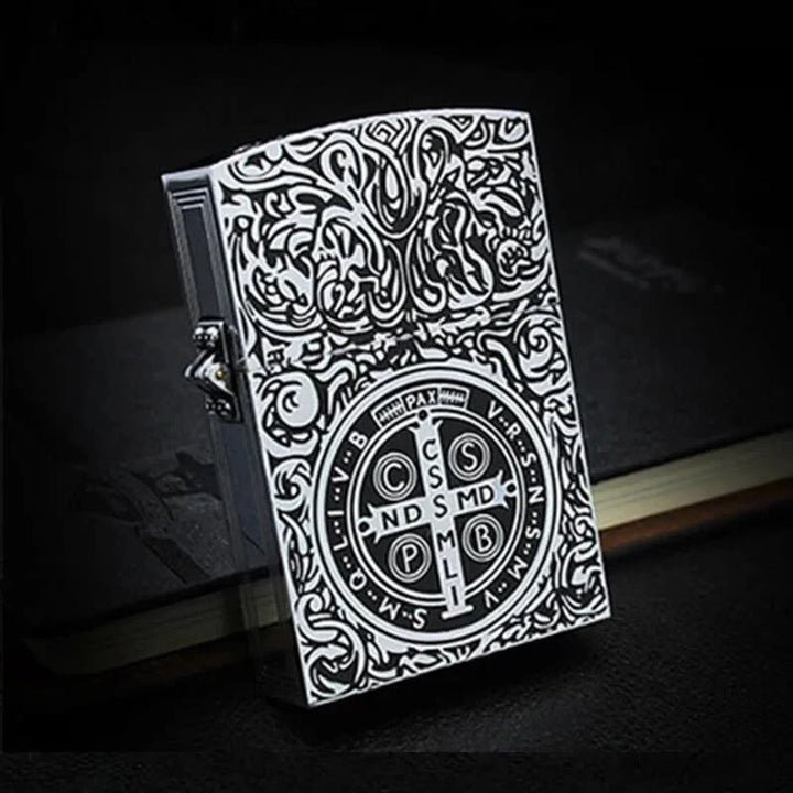 Carved St. Benedict Cross Medallion Solid Metal Cigarette Lighter - image 5