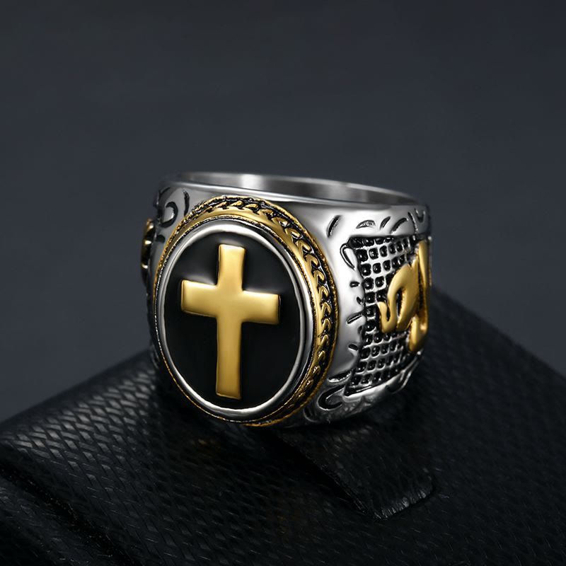 Christianartworkshop Retro Cross "Hand of God" Titanium Religion Ring - Golden - US15 - image 1