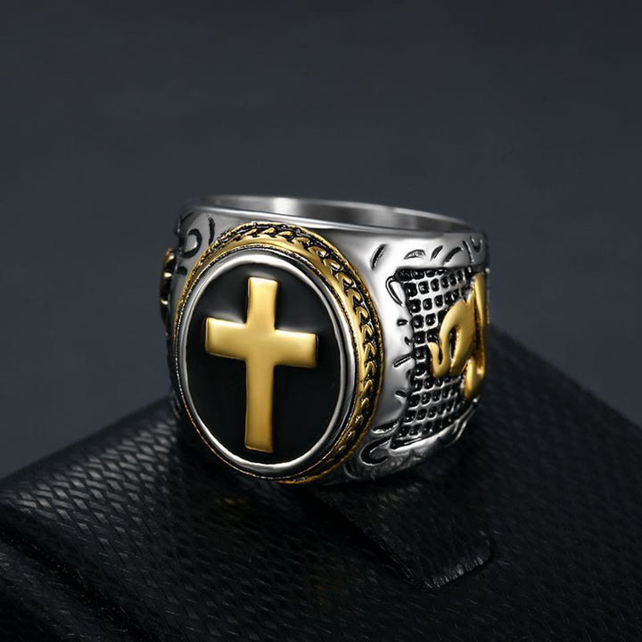 Christianartworkshop Retro Cross "Hand of God" Titanium Religion Ring - Golden - US 15 - image 0