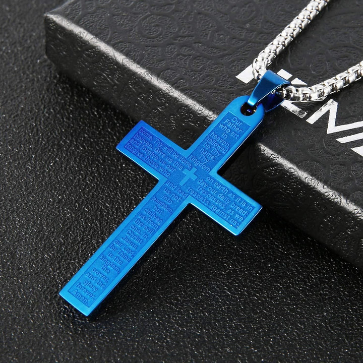 Christianartworkshop Stainless Steel Lord's Prayer Pendant Cross Necklace - Blue - image 4