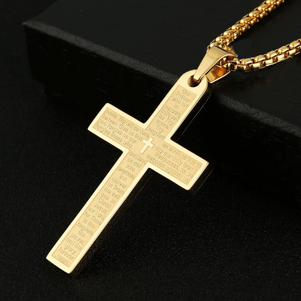 Christianartworkshop Stainless Steel Lord's Prayer Pendant Cross Necklace - Golden - image 1