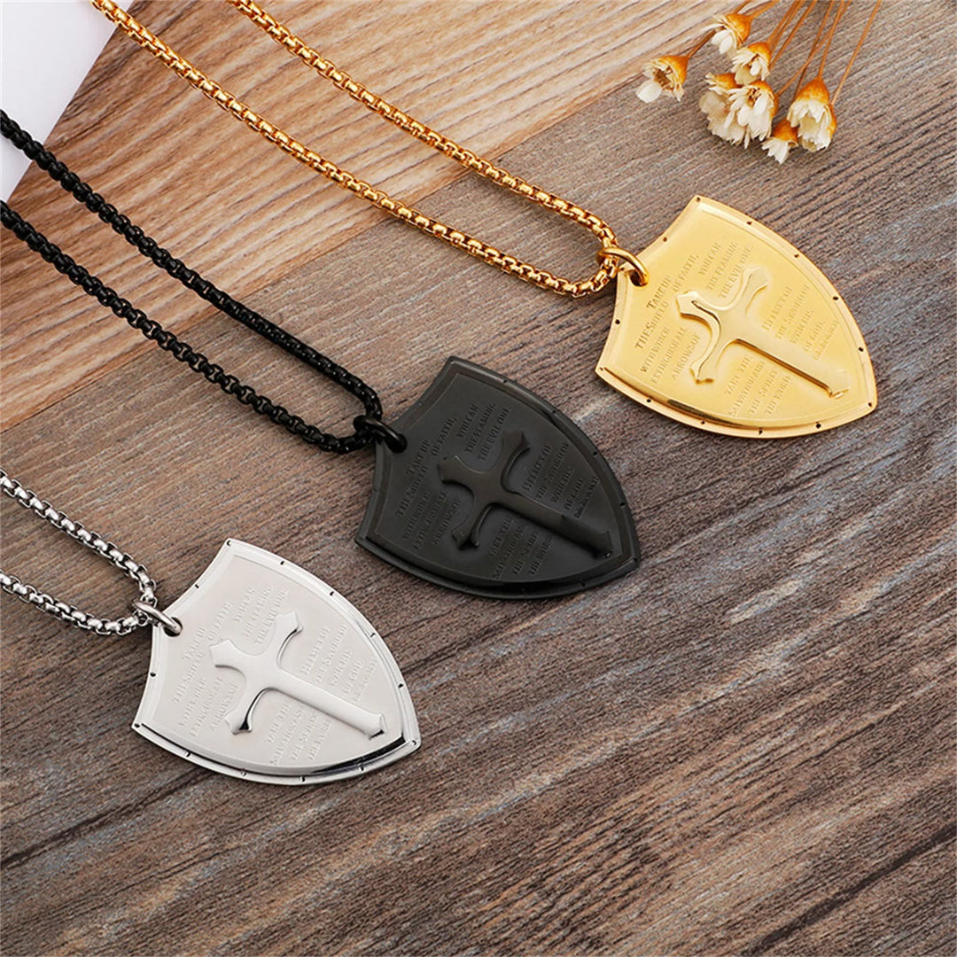Christianartworkshop Stainless Steel Lords Prayer Cross Shield Pendant Necklace - image 9