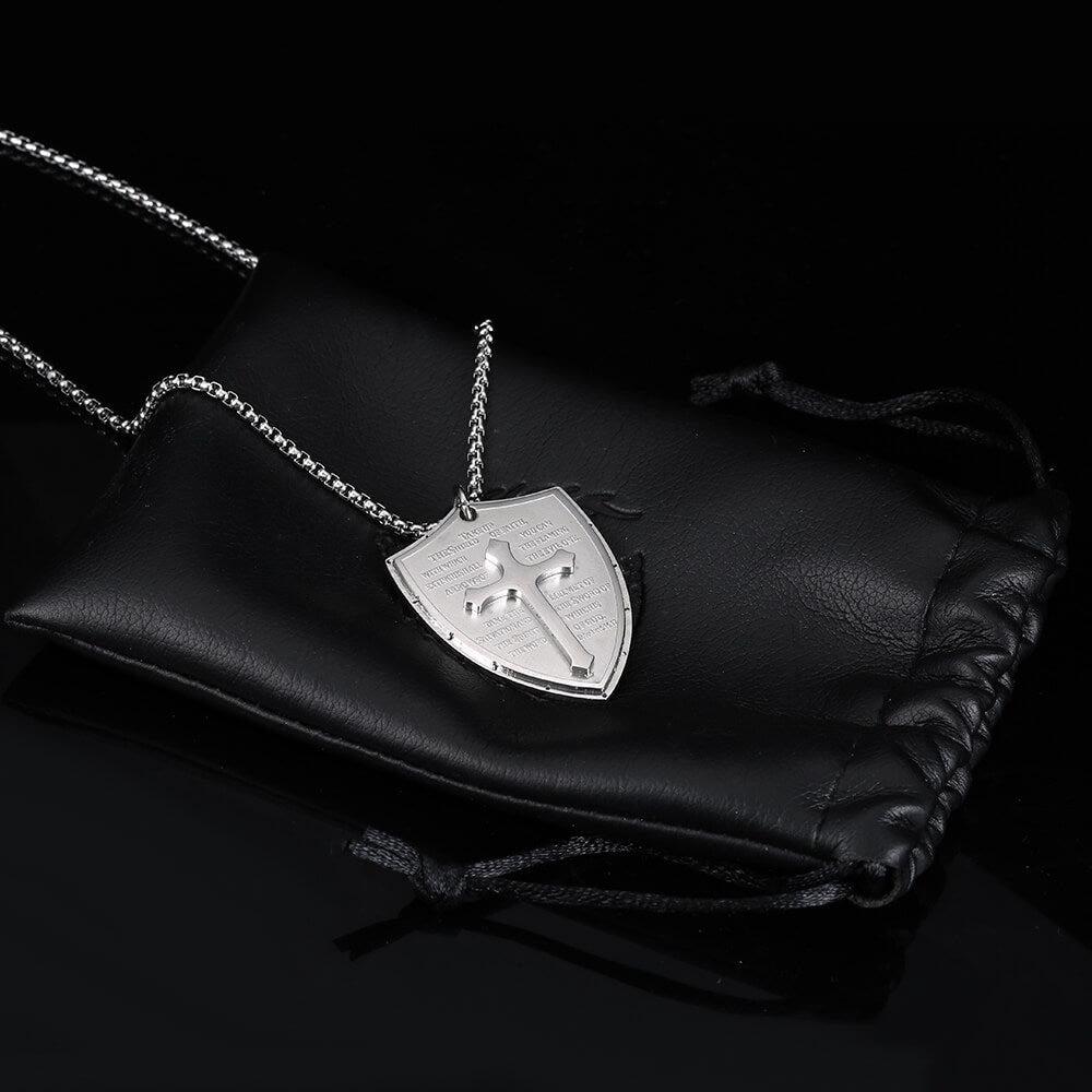 Christianartworkshop Stainless Steel Lords Prayer Cross Shield Pendant Necklace - image 4