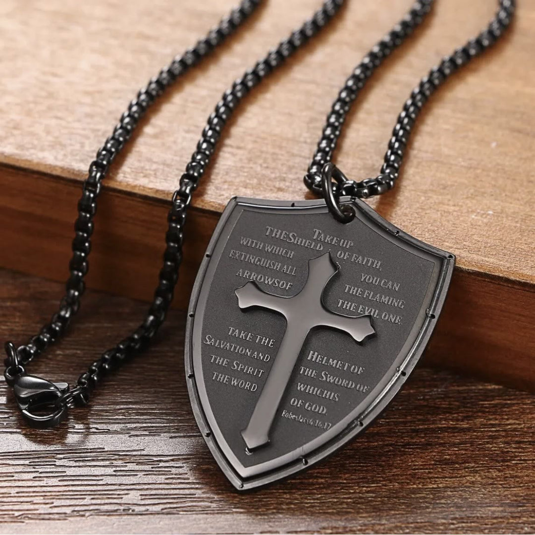 Christianartworkshop Stainless Steel Lords Prayer Cross Shield Pendant Necklace - Take Up - Black - image 5
