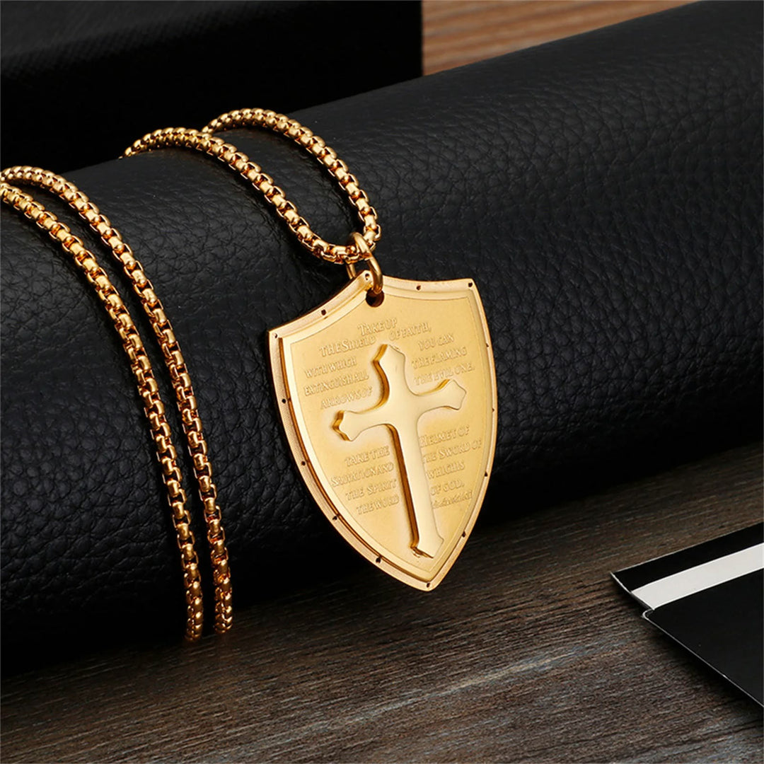 Christianartworkshop Stainless Steel Lords Prayer Cross Shield Pendant Necklace - Take Up - Golden - image 7