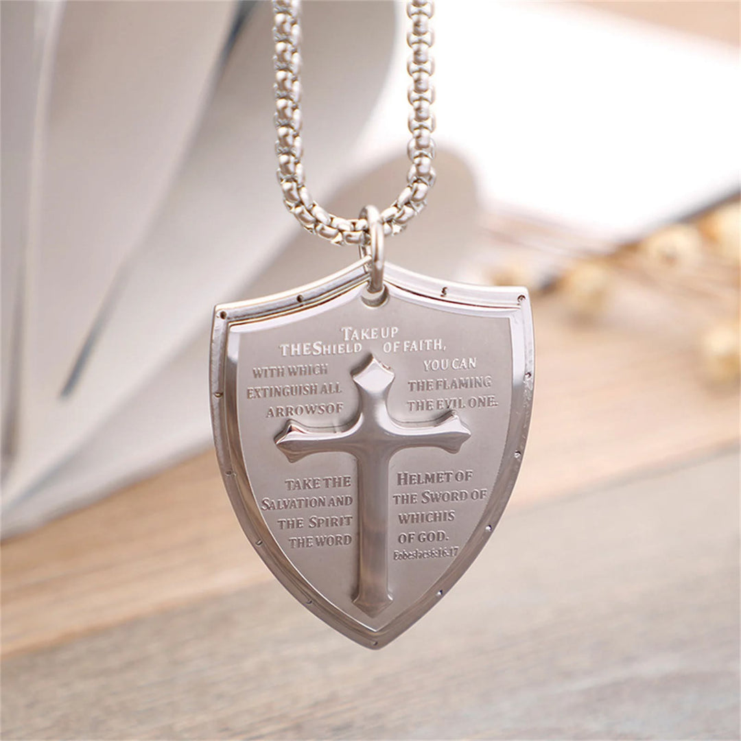 Christianartworkshop Stainless Steel Lords Prayer Cross Shield Pendant Necklace - Take Up - Silver - image 1
