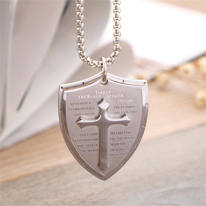 Christianartworkshop Stainless Steel Lords Prayer Cross Shield Pendant Necklace - Take Up - Silver - image 1