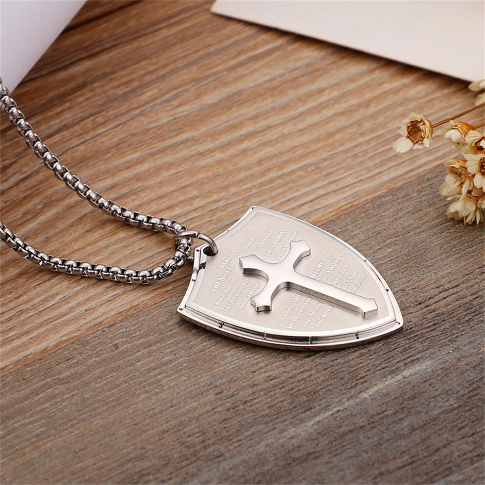 Christianartworkshop Stainless Steel Lords Prayer Cross Shield Pendant Necklace - image 2