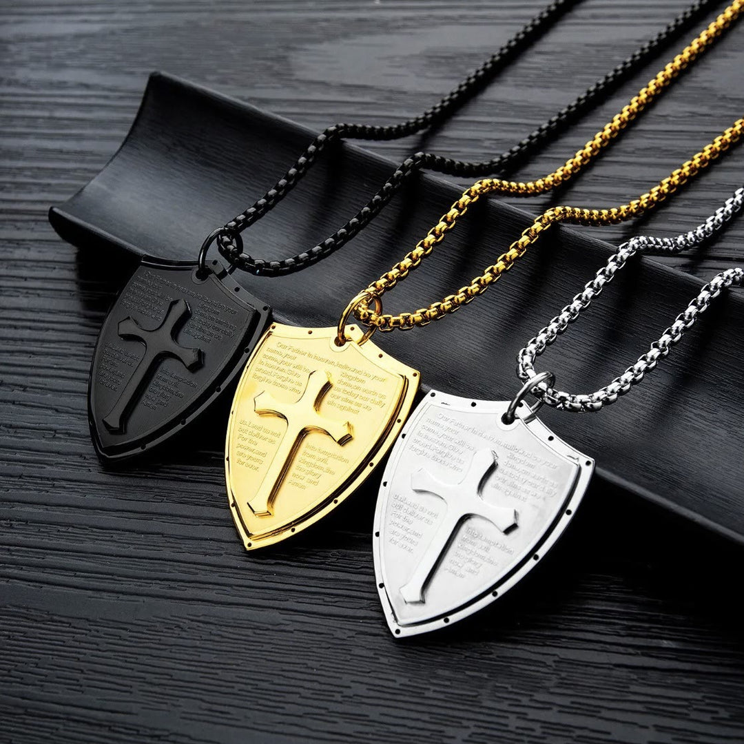 Christianartworkshop Stainless Steel Lords Prayer Cross Shield Pendant Necklace - image 16