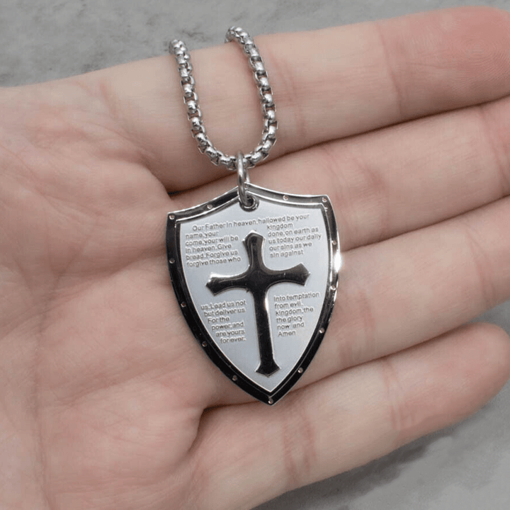 Christianartworkshop Stainless Steel Lords Prayer Cross Shield Pendant Necklace - image 11
