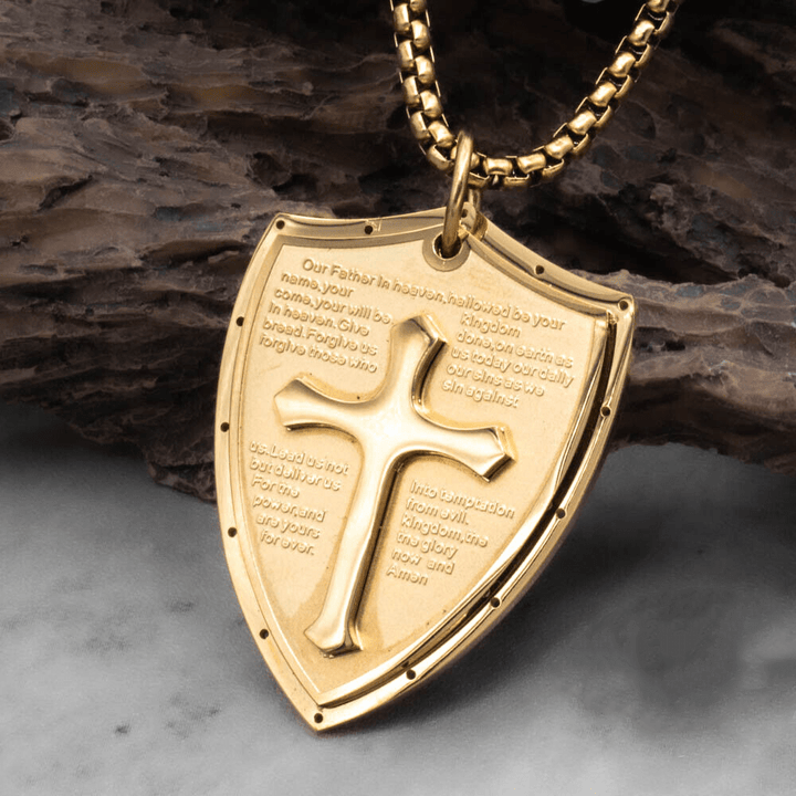 Christianartworkshop Stainless Steel Lords Prayer Cross Shield Pendant Necklace - Our Father - Golden - image 14