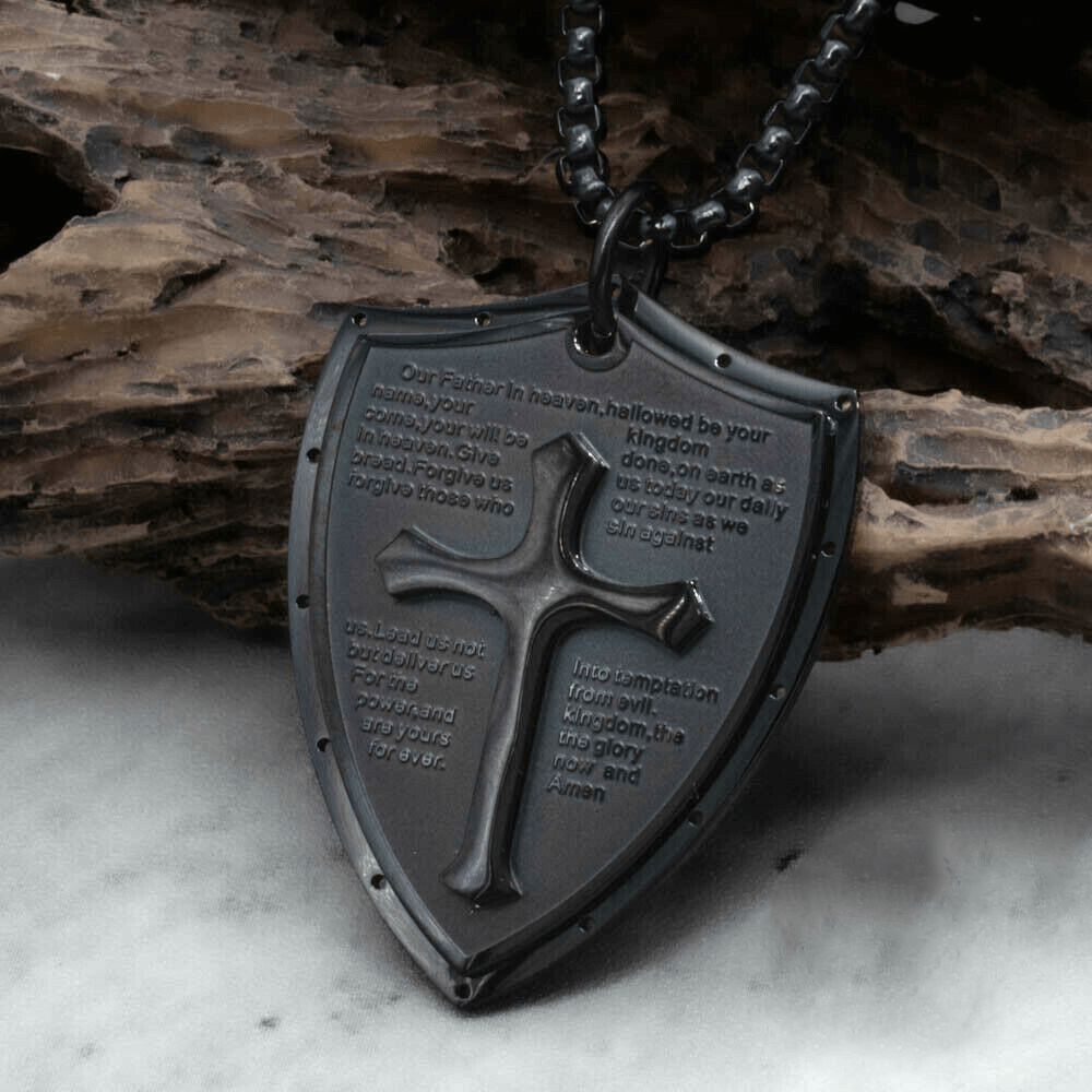 Christianartworkshop Stainless Steel Lords Prayer Cross Shield Pendant Necklace - Our Father - Black - image 12