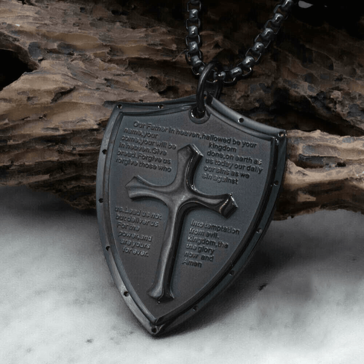 Christianartworkshop Stainless Steel Lords Prayer Cross Shield Pendant Necklace - Our Father - Black - image 12