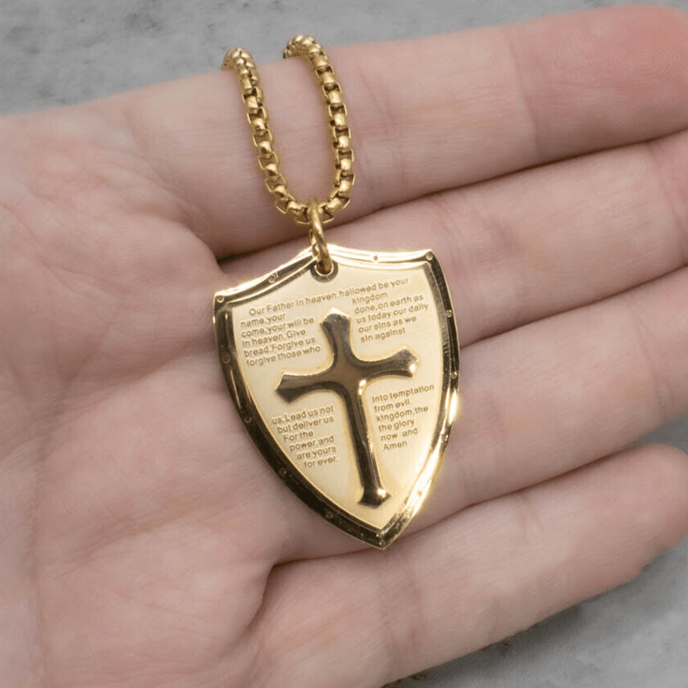 Christianartworkshop Stainless Steel Lords Prayer Cross Shield Pendant Necklace - image 15
