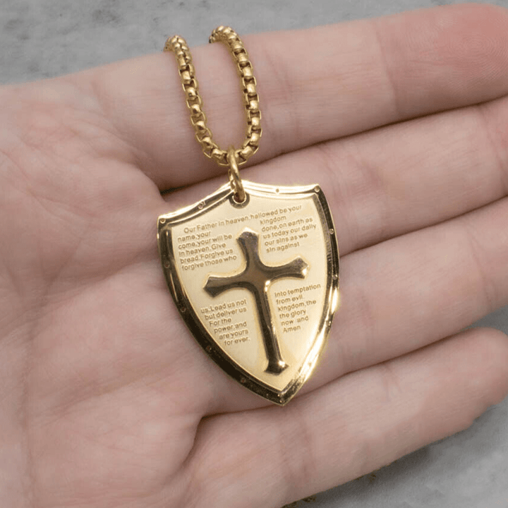 Christianartworkshop Stainless Steel Lords Prayer Cross Shield Pendant Necklace - image 15