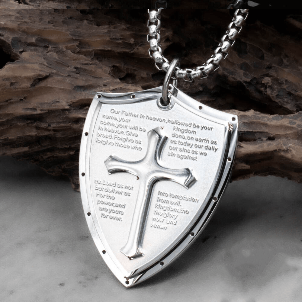 Christianartworkshop Stainless Steel Lords Prayer Cross Shield Pendant Necklace - Our Father - Silver - image 10