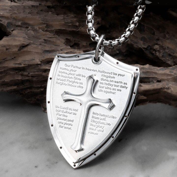 Christianartworkshop Stainless Steel Lords Prayer Cross Shield Pendant Necklace - Our Father - Silver - image 10