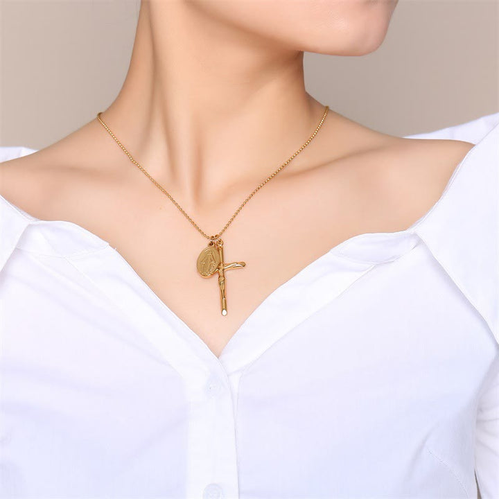 Christianartworkshop Virgin Mary Medallion Crucifix Titanium Necklace - image 3