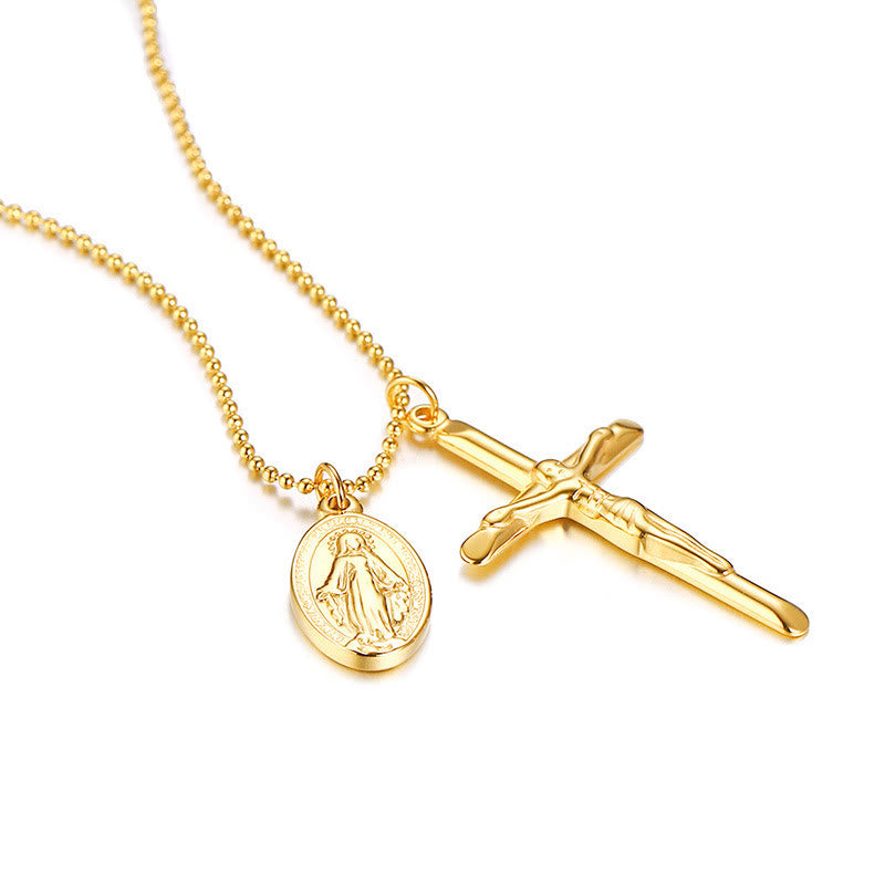 Christianartworkshop Virgin Mary Medallion Crucifix Titanium Necklace - Golden - image 1