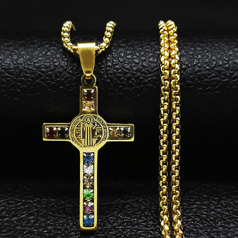 Christianartworkshop Saint Benedict Cross Mix Bible 12 Crystal Necklace - Golden - image 1