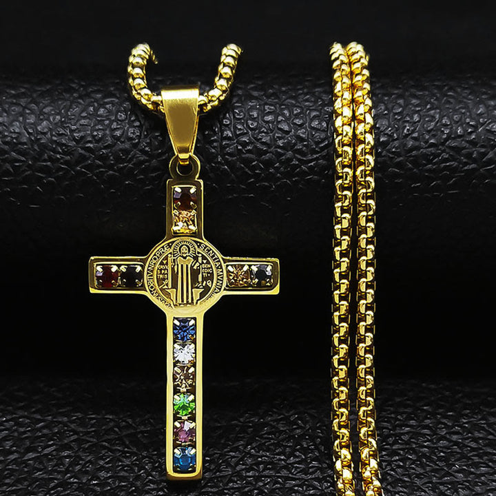 Christianartworkshop Saint Benedict Cross Mix Bible 12 Crystal Necklace - Golden - image 1