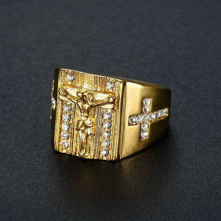 Christianartworkshop  Zirconia Set Crucifix Jesus Religious Ring - Golden - US 14 - image 0