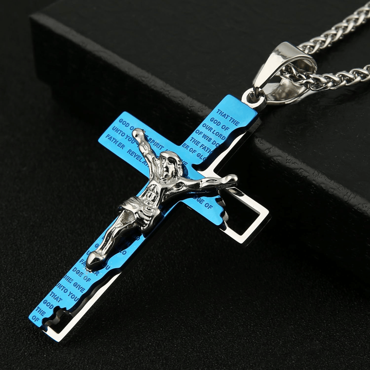 Christianartworkshop Stainless Steel Crucifix Bible Prayer Pendant Necklace Chain - Blue - image 3