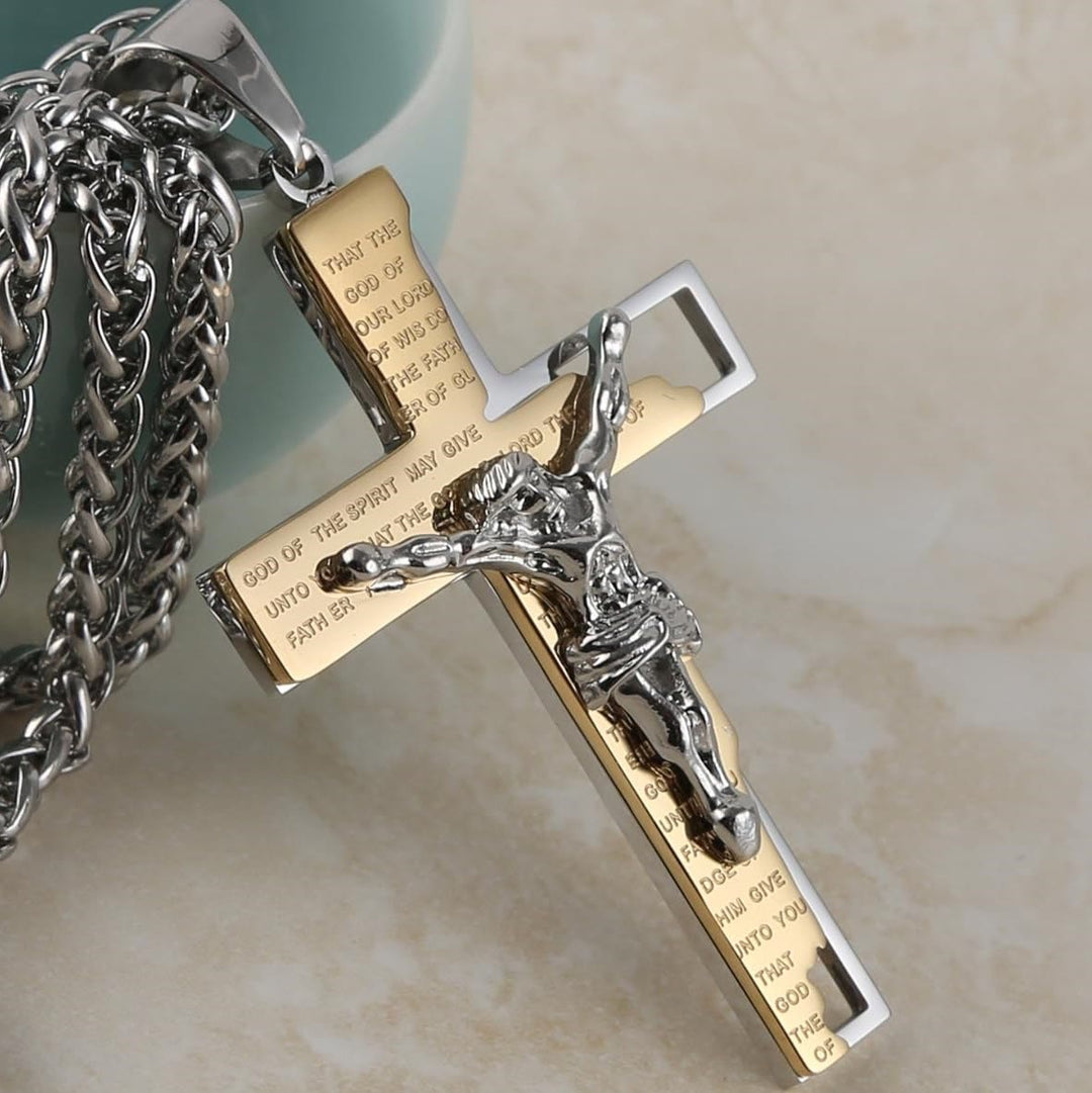 Christianartworkshop Stainless Steel Crucifix Bible Prayer Pendant Necklace Chain - Golden - image 1