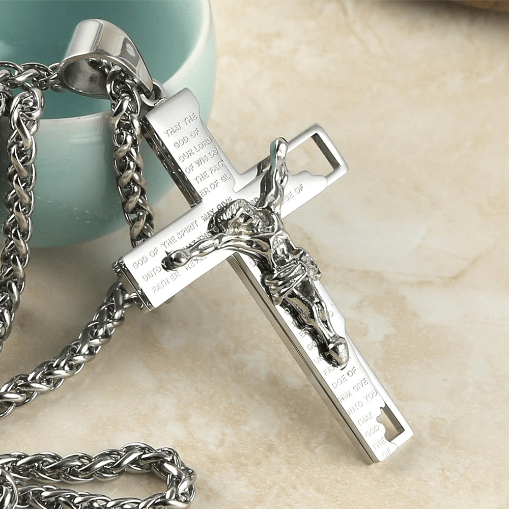 Christianartworkshop Stainless Steel Crucifix Bible Prayer Pendant Necklace Chain - Silver - image 8