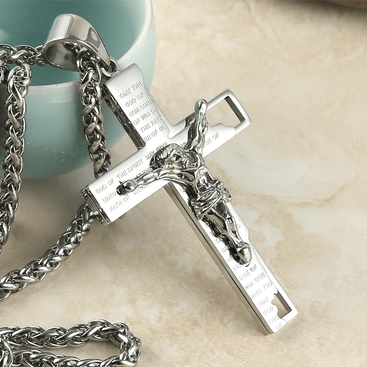Christianartworkshop Stainless Steel Crucifix Bible Prayer Pendant Necklace Chain - Silver - image 8