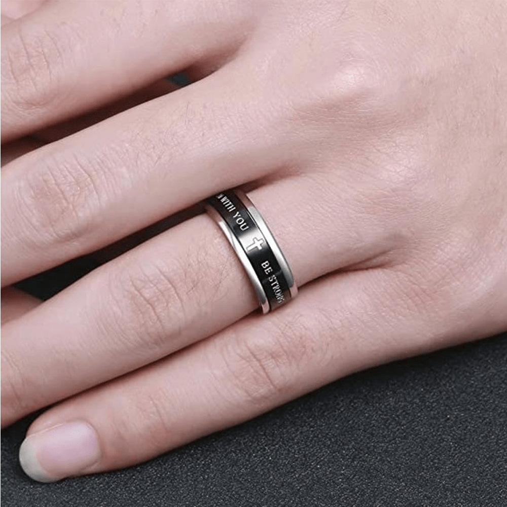 Christianartworkshop Titanium Black/Gold Cross Step Edges Rotating Ring - image 4