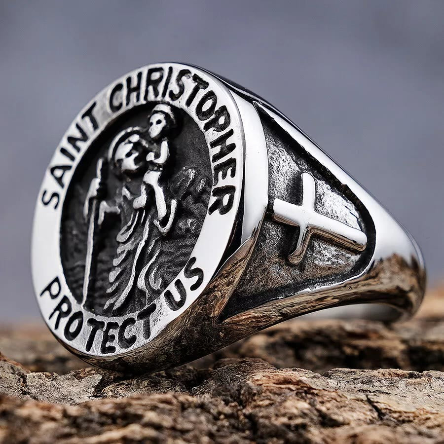Christianartworkshop Saint Christopher Protect Us Medal Signet Ring - Silver - US13 - image 7