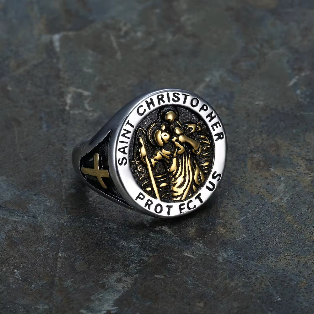 Christianartworkshop Saint Christopher Protect Us Medal Signet Ring - image 2