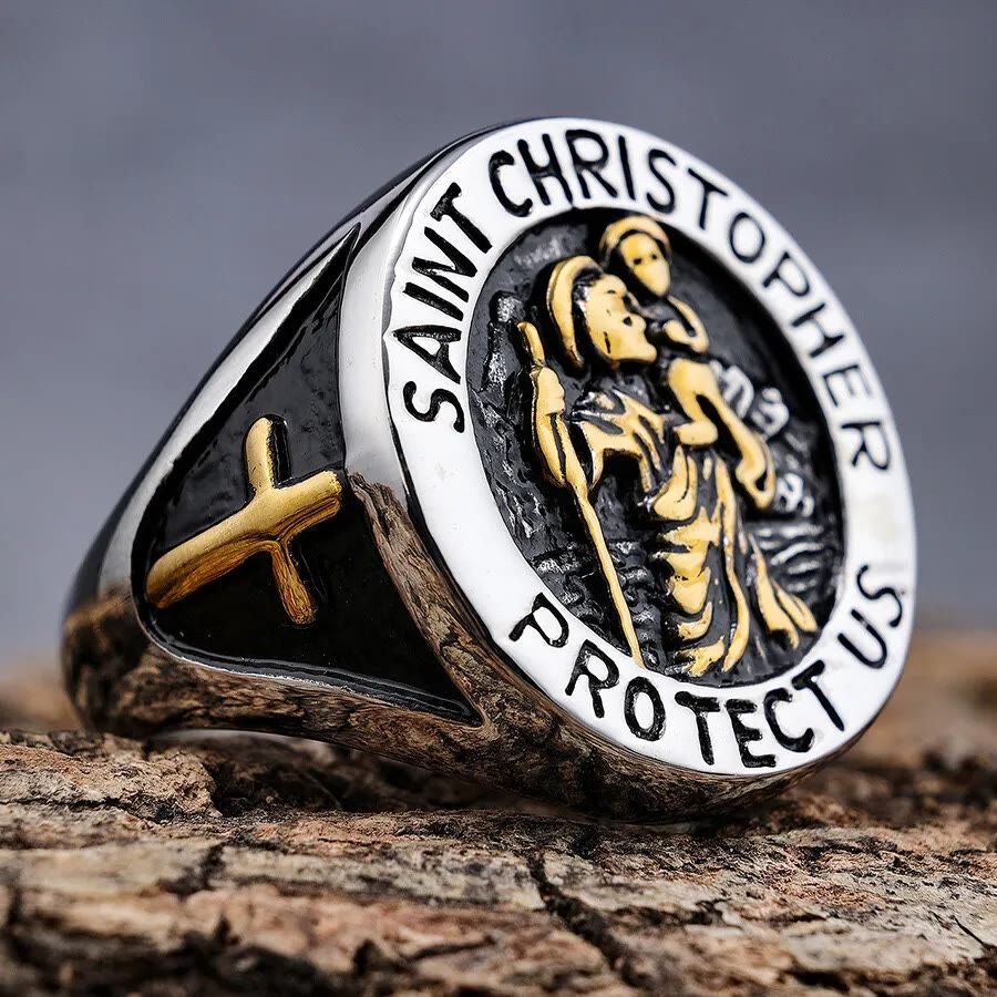 Christianartworkshop Saint Christopher Protect Us Medal Signet Ring - Silver-gold - US13 - image 1