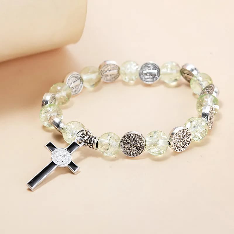 Christianartworkshop Jesus Cross Alloy Charm Pendant Beaded Bracelet - Green - image 7