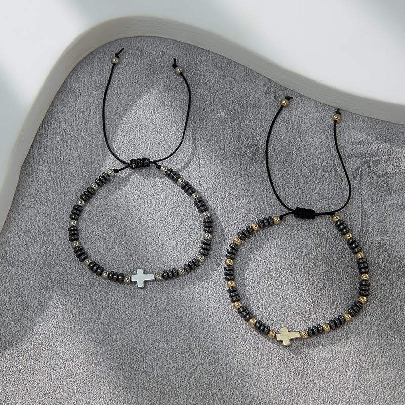 Christianartworkshop 2pcs Cross Decor Beaded Stackable Hematite Bracelet - image 3