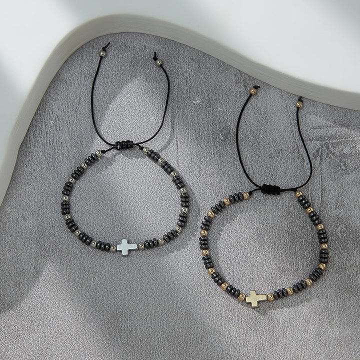 Christianartworkshop 2pcs Cross Decor Beaded Stackable Hematite Bracelet - image 3
