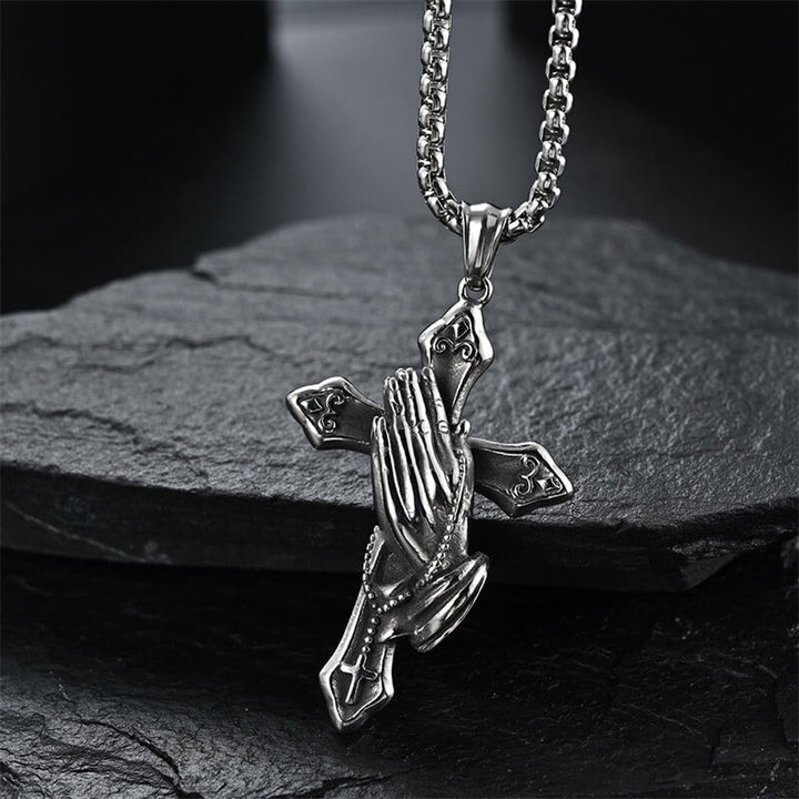 Christianartworkshop Praying Hands Cross Stainless Steel Pendant Necklace - Silver - image 1
