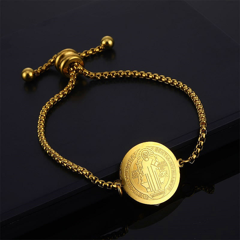 Christianartworkshop St. Benedict Engraved Medal  Adjustable Bracelet - Golden - image 1
