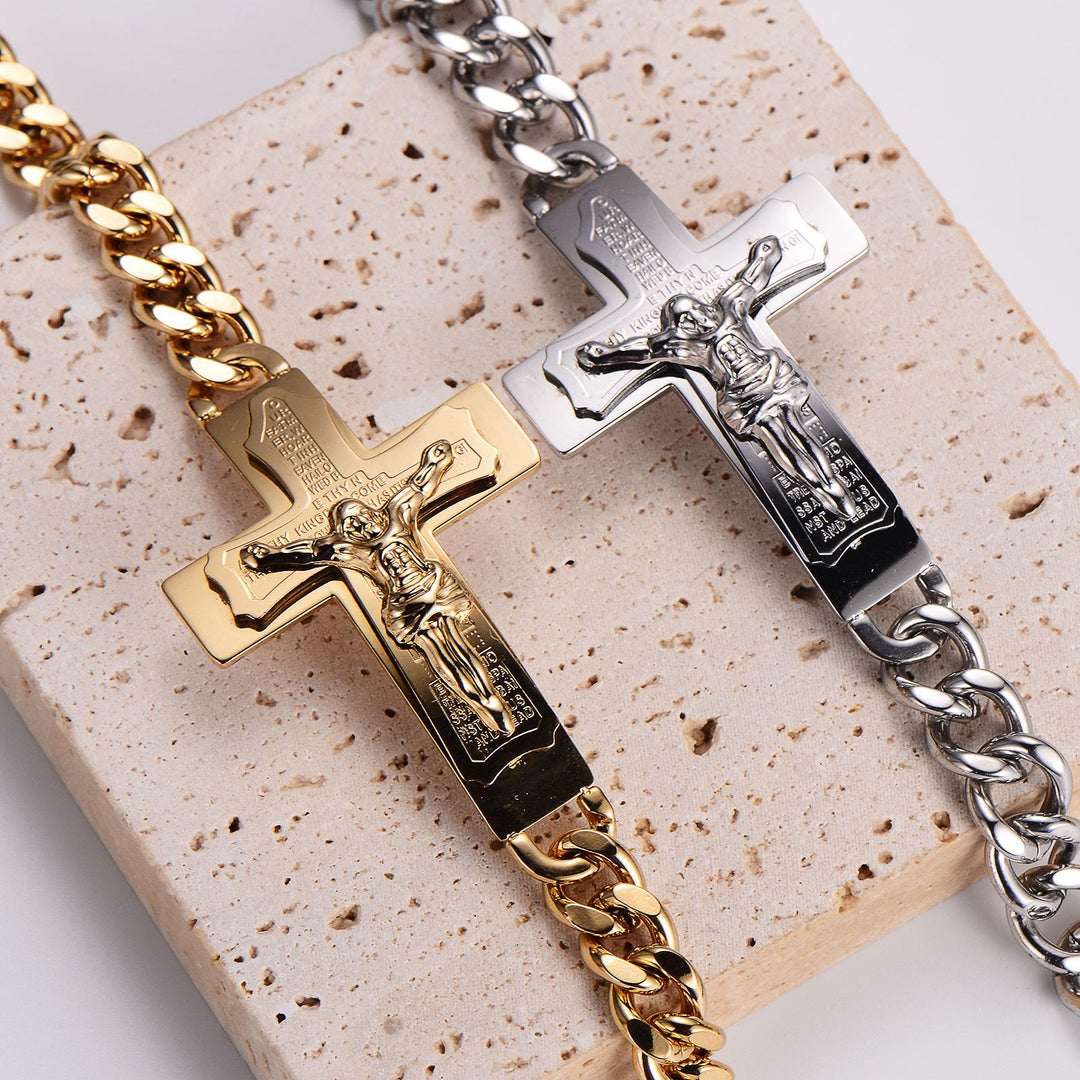 Christianartworkshop Solid Jesus Cross Bible Verse Crucifix Prayer Bangle Bracelet - Golden - image 1