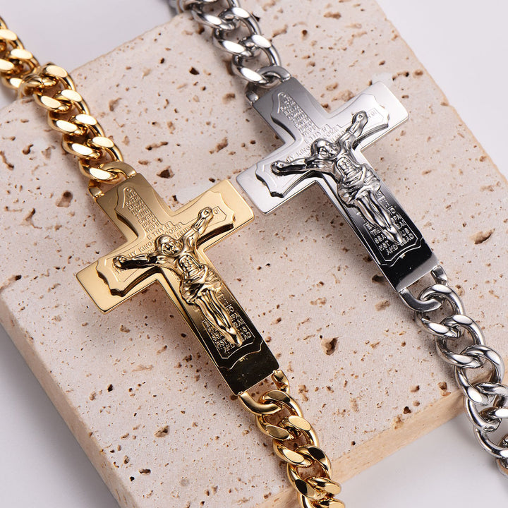 Christianartworkshop Solid Jesus Cross Bible Verse Crucifix Prayer Bangle Bracelet - Golden - image 1
