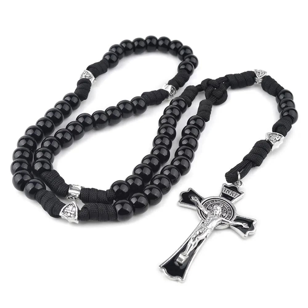 Fine Crafted Black Sturdy Umbrella Cord Crucifix Rosary - Black - image 1